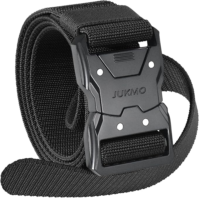 JUKMO Quick Release Tactical Belt, Military Work 1.5" Nylon Web Hiking Belt | Heavy Duty Seatbelt Zinc Alloy Buckle & Stretch Belt Strap