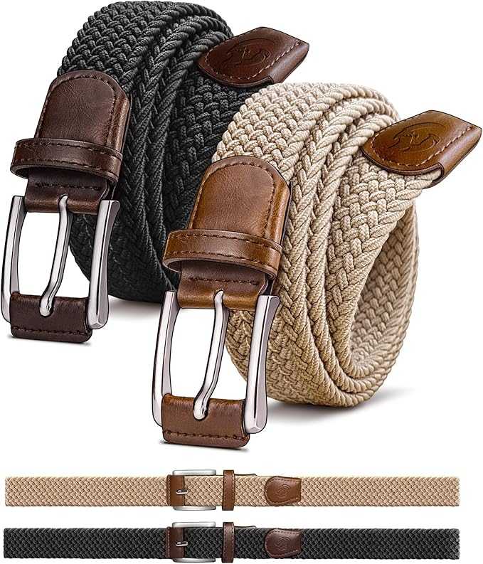 Men's Golf Belt 2 Pack - 1 3/8" Braided Stretch Elastic Web Belt, Gift Boxed for Casual Jeans, Sports & Work