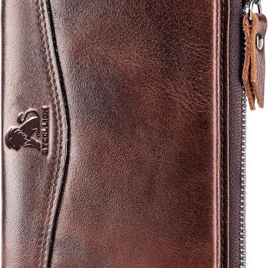 RFID Blocking Genuine Leather Bifold Wallet, Zipper Coin Pocket, ID Window, Multiple Card Slots, Unisex for Daily & Business Use (Coffee)